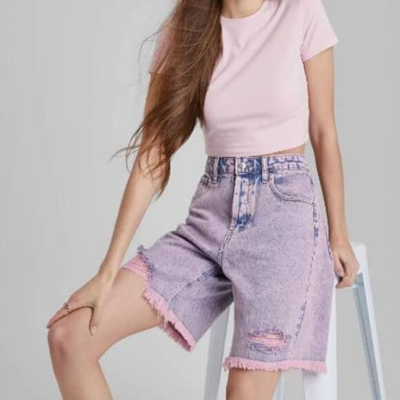 Wild Fable Pink Acid Wash High Rise Bermuda Jean Shorts - Picture 3 of 6